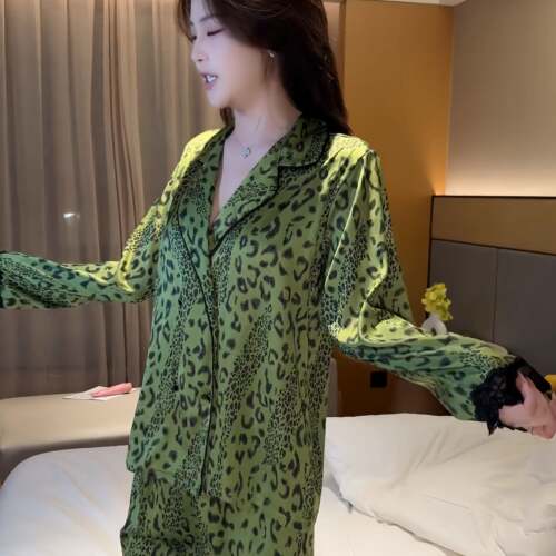 长袖睡衣女秋绿色豹纹款2026新款性感蕾丝花边长裤家居服两0917e