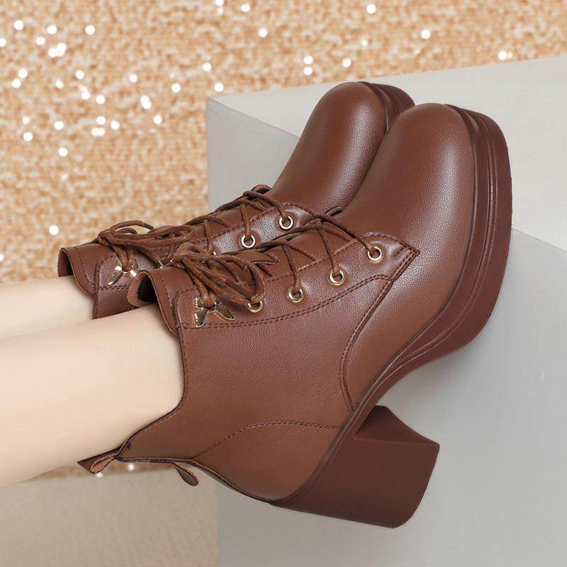 高跟马丁靴女2025新款秋冬棕色短靴厚底女靴粗跟妈妈靴子加1029h