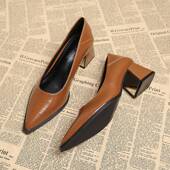 女新款 春季 绝美尖头秋鞋 单鞋 通勤浅口棕色高跟小皮鞋 0202w