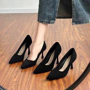 不累脚学生礼仪高跟鞋黑色法式尖头细跟面试职业鞋新款毕业0225r