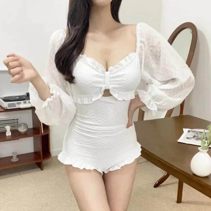 长袖防晒白色连体泳衣女夏韩国风小胸聚拢遮肉显瘦高级感0416r