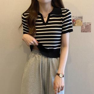 针织衫 新款 polo领条纹短款 显瘦正肩短0715d 胖mm修身 女装 大码 夏季