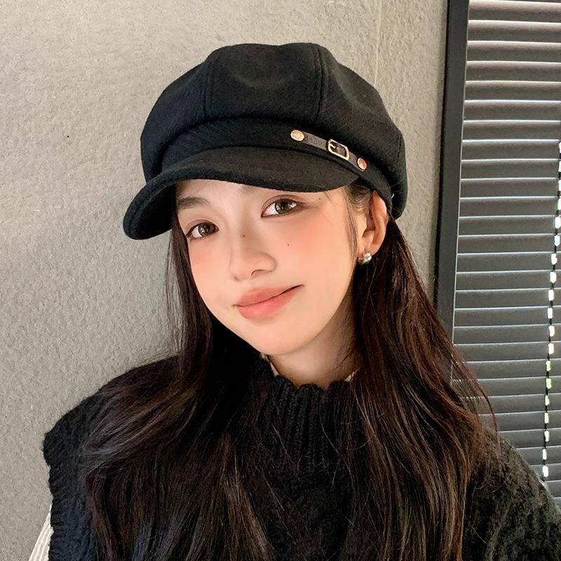 秋冬季简约百搭小皮扣八角帽子女韩版大头围显脸小出游时尚1014u