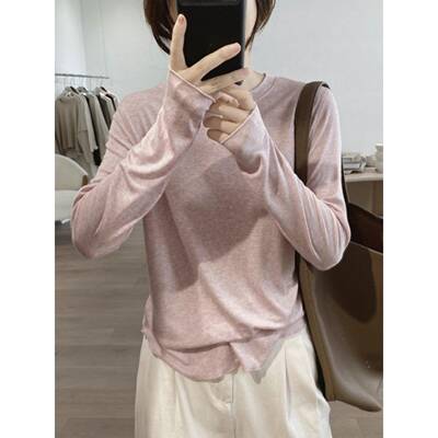 欧洲女式长袖t恤2026春季新款棉麻修身短上衣配右肩减龄底0209r