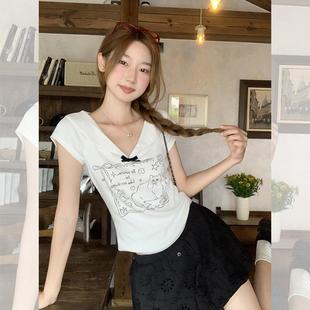 甜妹娃娃领短袖 显瘦少女印花蝴蝶结小0730d T恤女正肩夏季 2025新款