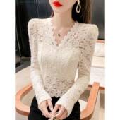 泡泡袖 高级感V领磨毛蕾丝打底衫 女春秋内搭洋气小衫 独别致上0201e
