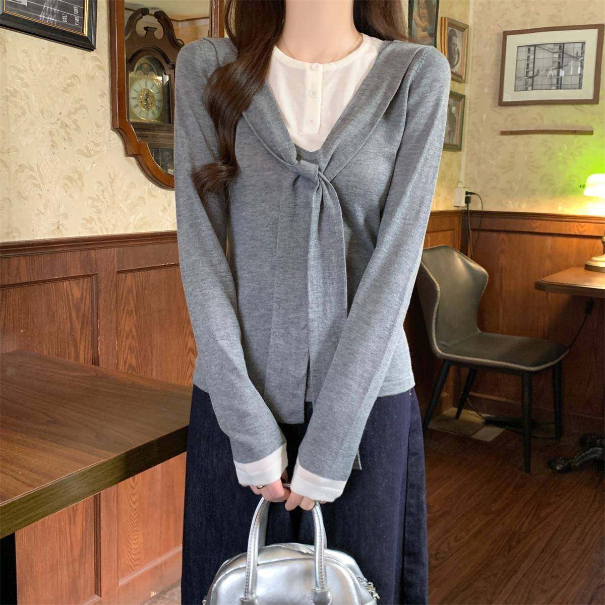 假两件拼接圆领春秋韩版绑带修身显瘦设计感长袖针织衫0106u