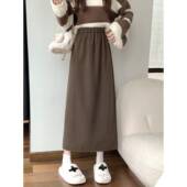 美拉德高腰毛呢身裙子女春秋大码 微胖显瘦高级设计感开叉长0207e