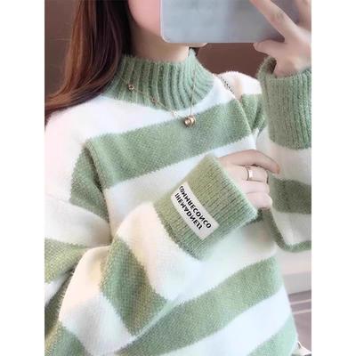 加绒加厚半高领毛衣女款2025新款冬季内搭打底条纹外穿上衣1017u