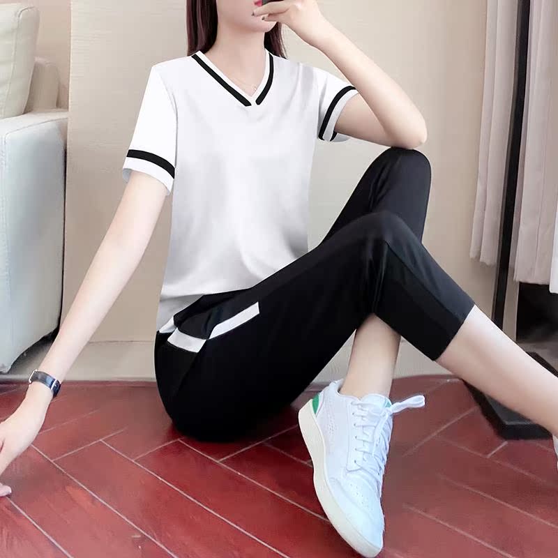 运动套装女夏季款短袖七分裤宽松时尚休闲跑步服两件套洋气0621d