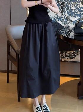 美式简约黑色高腰松紧褶皱垂感休闲身裙年夏季新款宽松中0615e