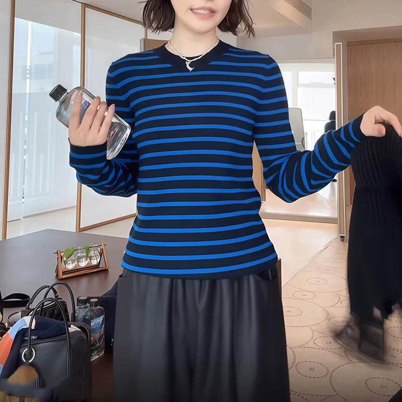 轻熟小众条纹圆领长袖针织衫女2026秋季款内搭打底衫修身显1018e