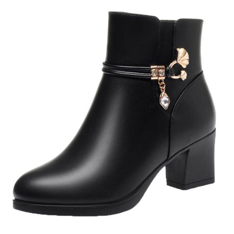 秋冬软底高跟中年妈妈鞋皮鞋短靴加绒保暖鞋靴子皮鞋女鞋1029h