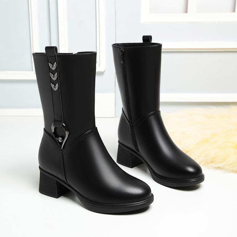 妈妈靴子女中筒靴粗跟靴冬季靴加绒中靴中老年鞋子新款马1029h