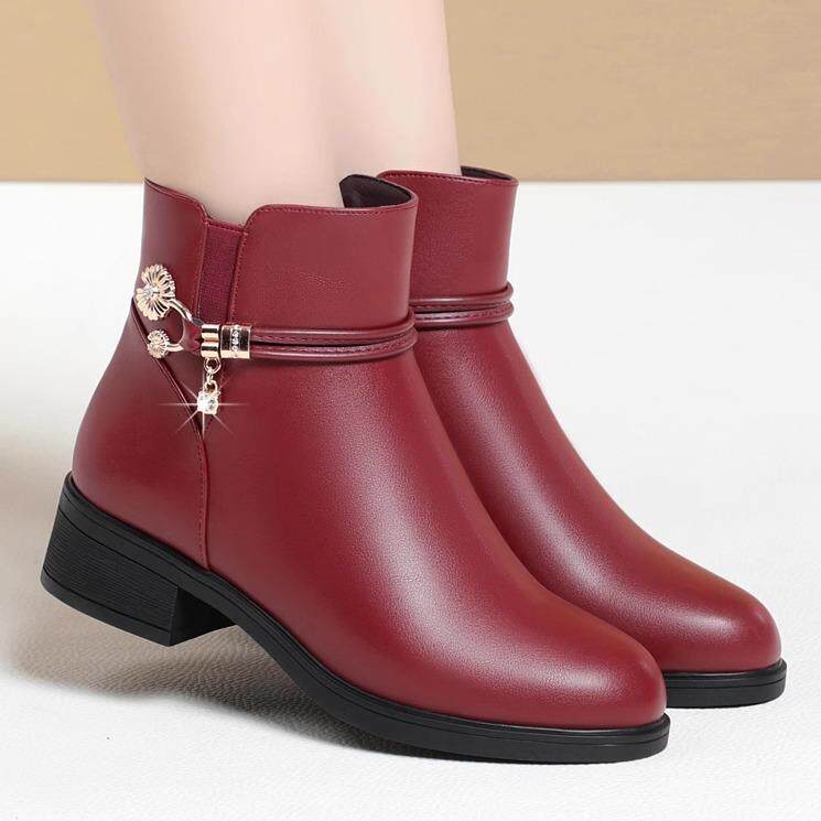 坡跟中年红色妈妈皮鞋靴子喜婆婆女鞋加绒短靴中老年鞋秋1029h