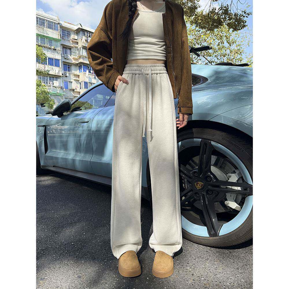 秋冬阔腿裤女高腰垂感高级感米色毛呢裤子加厚直筒裤宽松运1208u