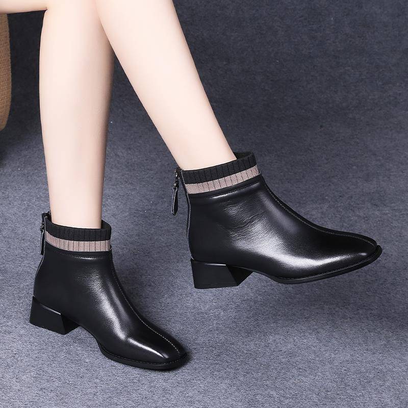 新款靴子方头小短靴粗跟中跟皮鞋秋冬女鞋加绒切尔西靴1112h