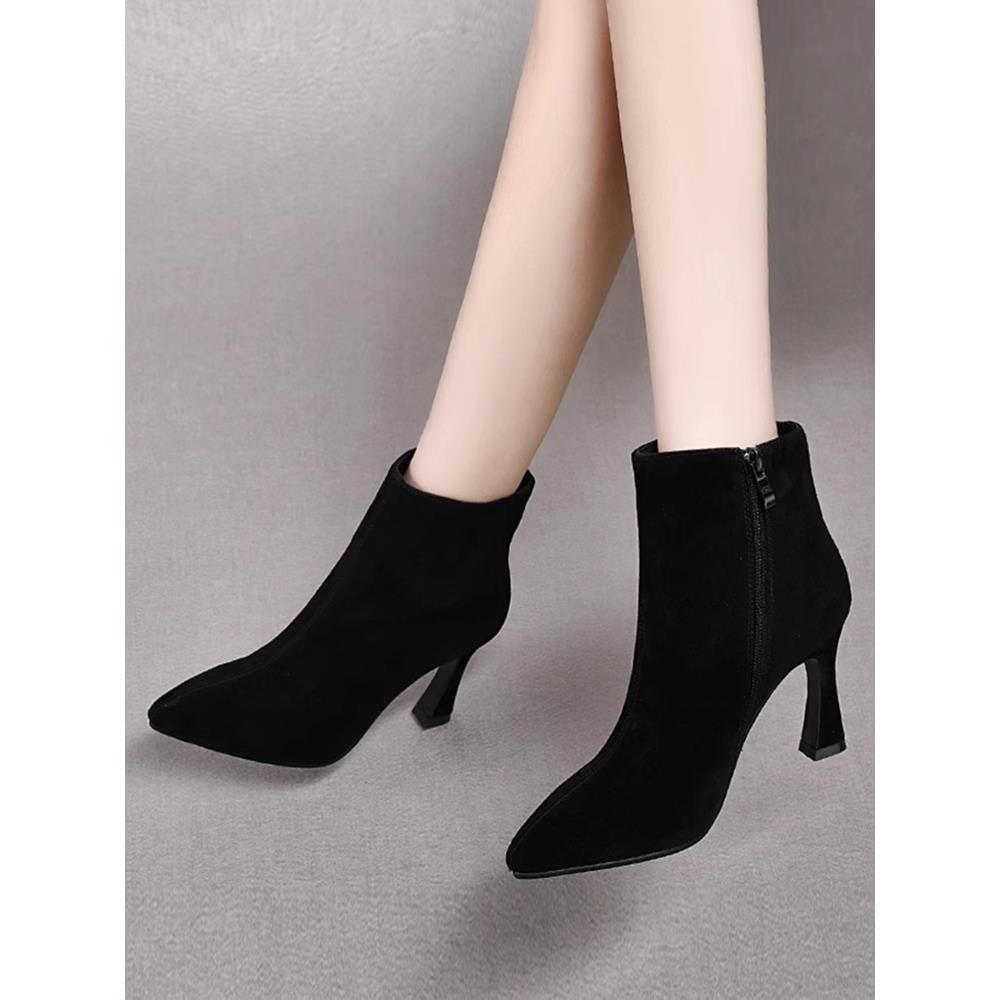 秋冬季2025新款磨砂皮短靴女细跟高跟鞋尖头小跟女靴单靴短1113n