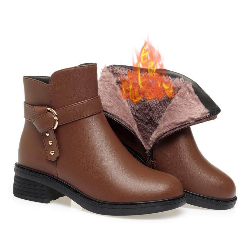 妈妈鞋2025新款女士皮鞋中跟短靴加绒靴子中老年女鞋秋1029h