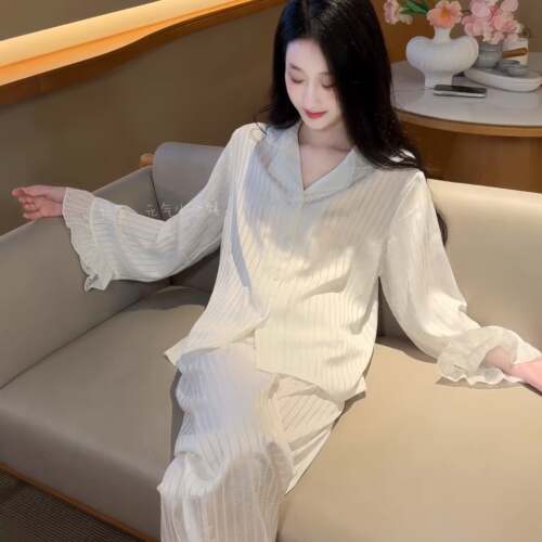 长袖睡衣女秋款2026新款荷叶边喇叭袖甜美条纹冰家居服套装0917e