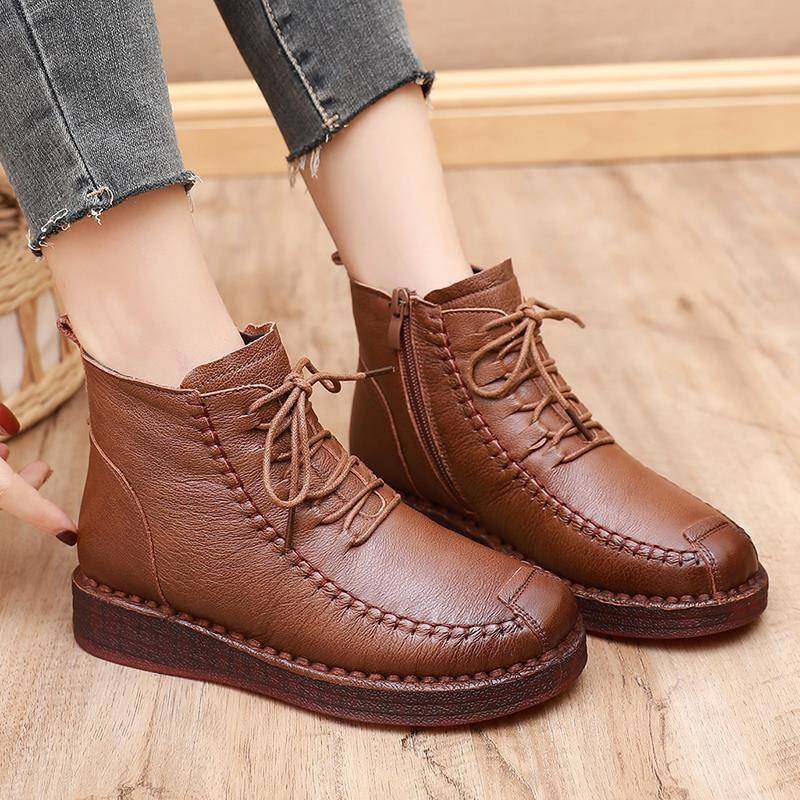 马丁靴女冬季新款拉链妈妈鞋女平底短靴加绒软底靴1029h