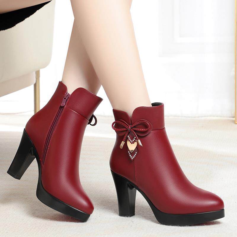 粗跟短靴女秋冬季新款中年妈妈皮靴保暖鞋加绒皮鞋高跟靴1029h