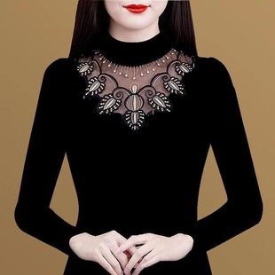 修身 女秋冬加绒加厚蕾丝网纱洋气小衫 气质内搭上衣08x 打底衫 长袖