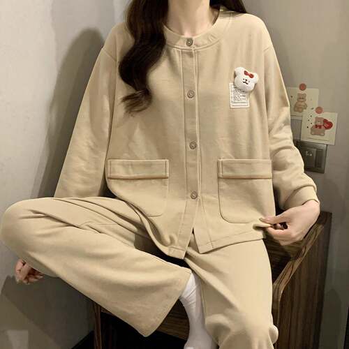 长袖睡衣女秋款冬开衫家居服套装可外穿休闲风0917e