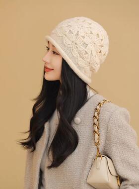 秋钩花帽子士新款时尚保暖洋派包头堆堆帽针织编织0123k