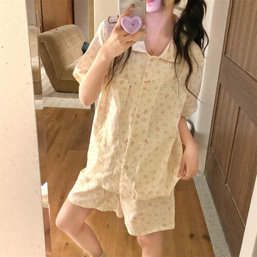 甜美粉色小碎花纱睡衣女夏季翻领宽松开衫短袖短裤家居服套0530e