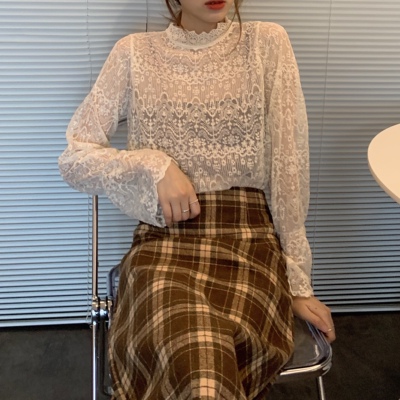 内搭高级感加码胖毫米剪裁高领网底衬衫女式小号长袖蕾丝内1024e
