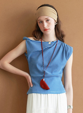 相对纶/斜肩露肩不对称高级感恤女夏独特漂亮修身显瘦设计感上衣