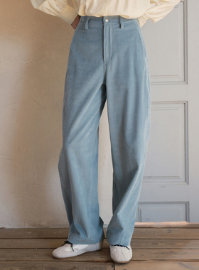 相对纶/收胯显瘦/超柔泡芙灯芯绒纯棉蓝色2026新款女休闲镰弯刀裤