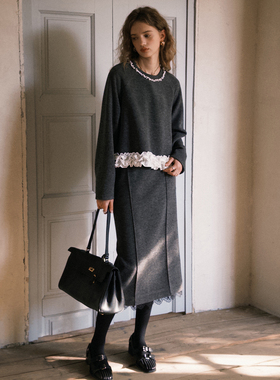 相对纶/弹力/手工镶珠深灰色甜酷巨好看设计感卫衣半身裙显瘦套装