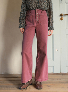 相对纶/不拖地梅红色法式贴袋彩色复古微喇全棉牛仔裤