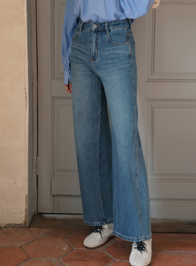 相对纶/显高藏肉弹力斜线直筒小宽松通勤中蓝女式牛仔裤