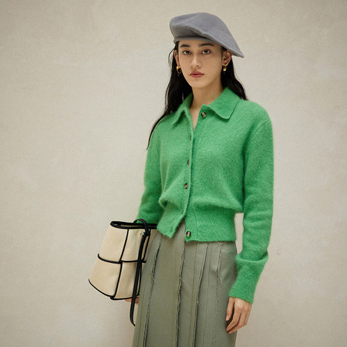 安哥拉兔毛厚暖羊毛小翻领毛衣