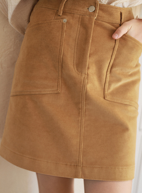 相对纶/加绒灯芯绒工装风巴恩风A字全棉短裙土黄色小个子半身裙