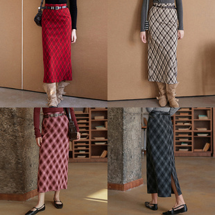 格子针织直筒保暖半身裙法式 巨瘦胯显瘦纸片人 新增厚版 相对纶