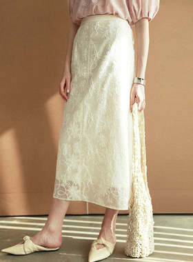 相对纶/立体刺绣莱赛尔显瘦松紧腰气质系白色直筒半身裙女夏薄款