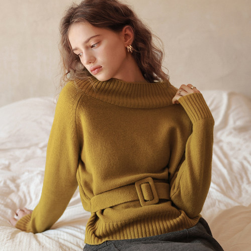 相对纶/一字领100羊毛设计感巨好看女式收腰显瘦套头上衣黄灰毛衣