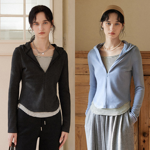 撞色条纹连帽运动针织开衫加绒