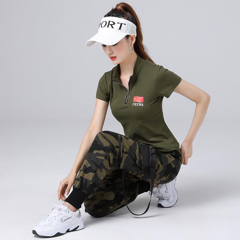 2025年广场舞服装新款迷彩T恤女军绿色套装运动时尚工装裤水兵舞