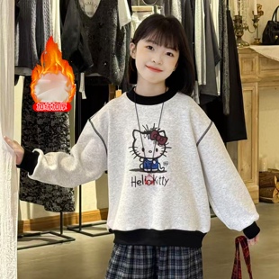 女童加绒kt猫卫衣秋冬款2025新款一体绒上衣中大童加厚女宝运动衫