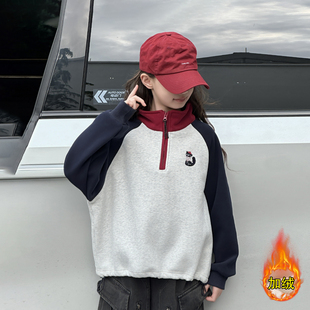 女童加绒卫衣冬季2025新款中大童秋冬款女孩加厚上衣潮初中生洋气