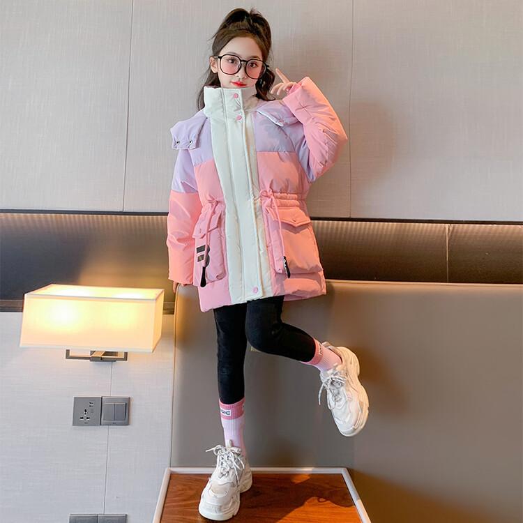 女童洋气免洗冬季白鸭绒加厚中长款外套2024新款韩版冬装拼色大童