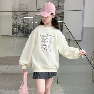 冬装女童加绒卫衣亲肤保暖绒内里加厚大童百搭圆领套头外套初中生