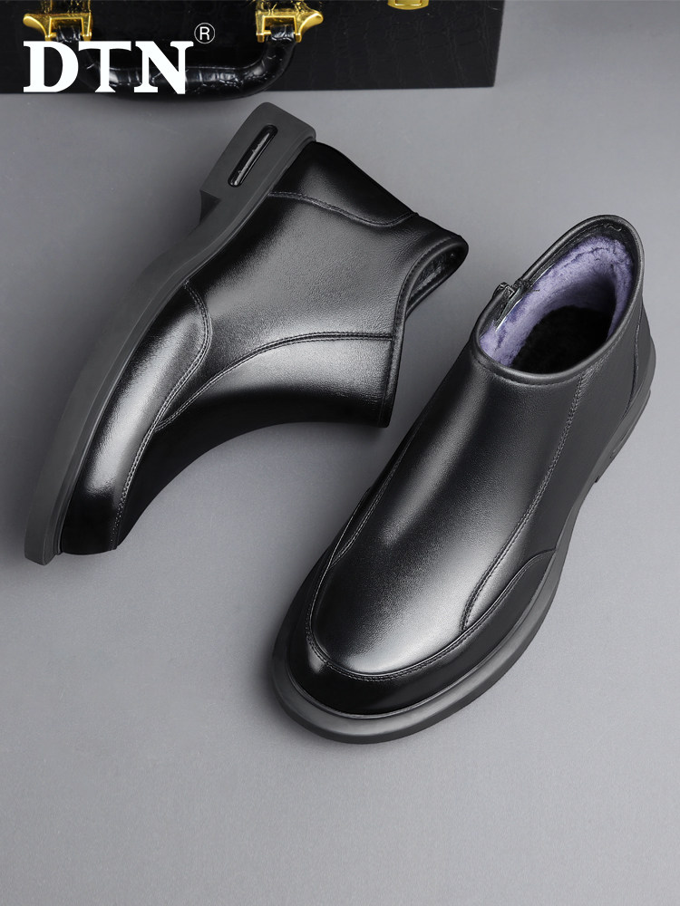 DTN2024 WINTER BOOTS MENS LEATHER VELVET WARM COTTON BOOTS CASUAL COTTON SHOES HIGH TOP MENS CHELSEA BOOTIES