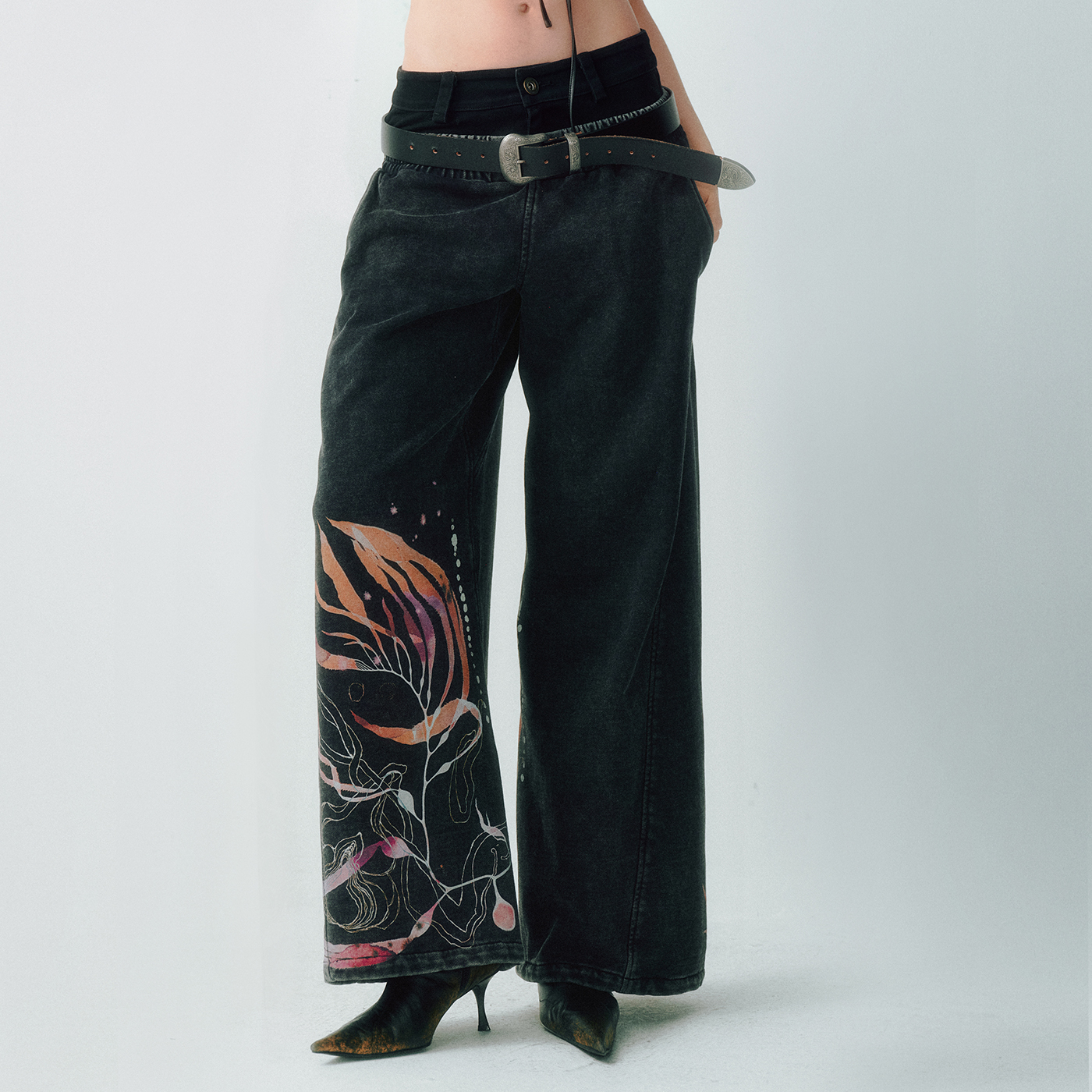 LUCENCY25AW 复古拼接印花卫裤 双腰头假两件阔腿裤女秋冬潮流裤