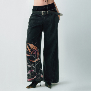 女秋冬潮流裤 双腰头假两件阔腿裤 复古拼接印花卫裤 LUCENCY25AW